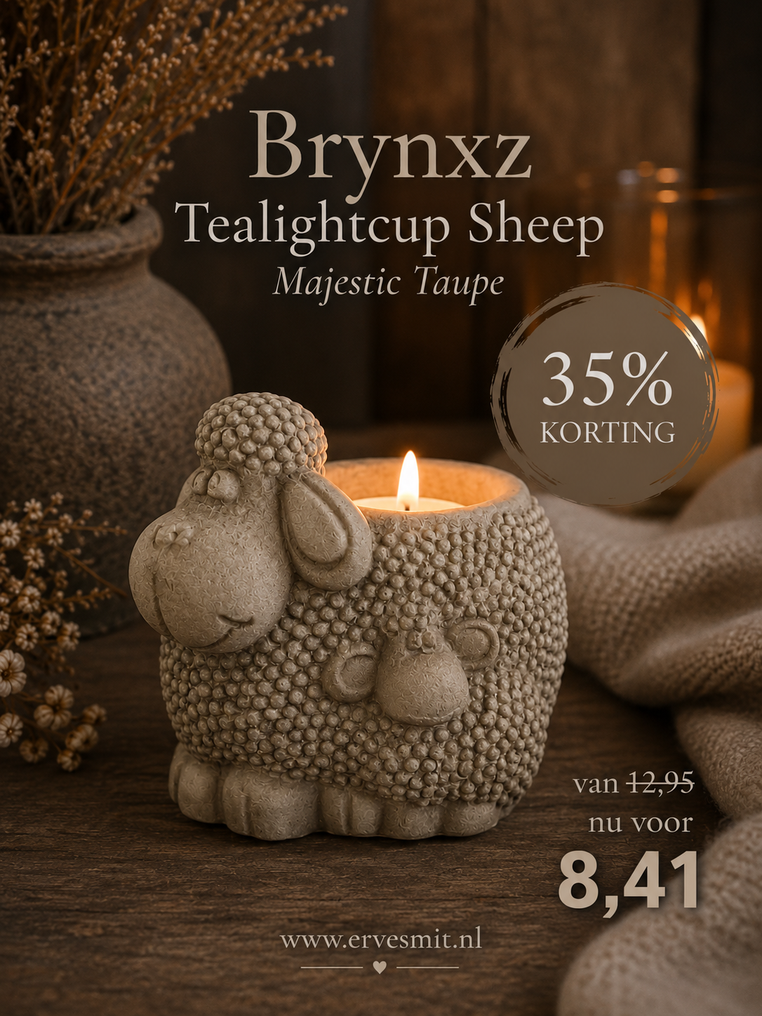Brynxz Tealightcup Sheep Majestic Taupe D.14 H.13 | Erve Smit Landelijke decoratie Brynxz Tealightcup Sheep Majestic Brown