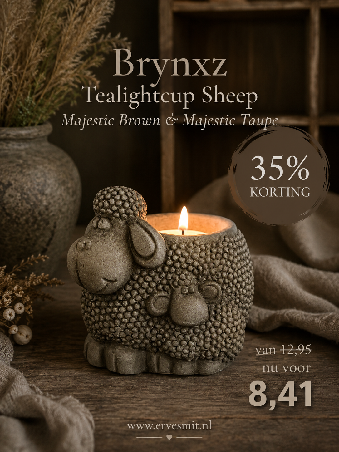 Brynxz Tealightcup Sheep Majestic Brown D.14 H.13 | Erve Smit Landelijke decoratie Brynxz Tealightcup Sheep Majestic Brown D.14 H.13